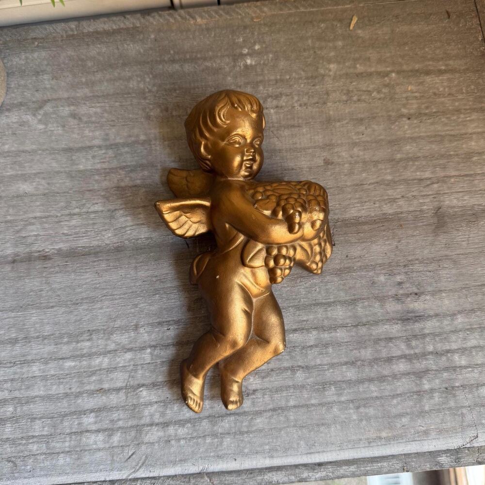 Gold Cherub Wall Hanging | Chalkware Angel with Grapes | Hollywood Regency Decor
